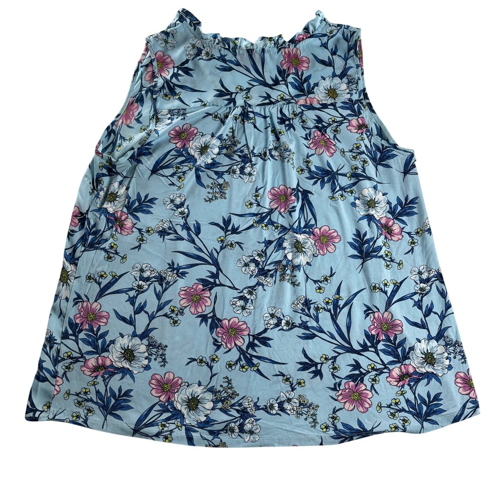 41 Hawthorn Floral Sleeveless Blouse Blue Pink Ruffle Neck 2X Lightweight - Picture 2 of 8